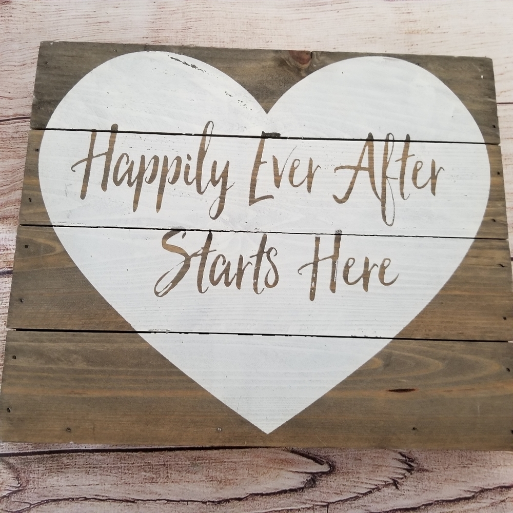Happily Ever After Starts Here Wood Pallet sign 12x10x2